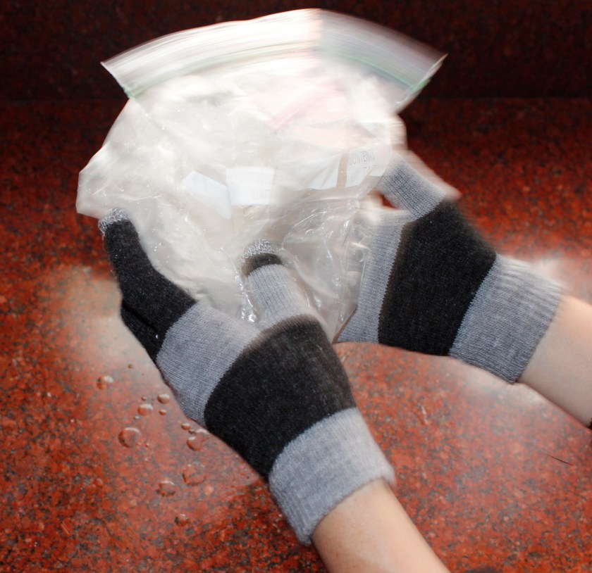 This part is very cold and very wet. If possible, go outside! Even if you use an extra bag, there is a lot of condensation that splashes everywhere.