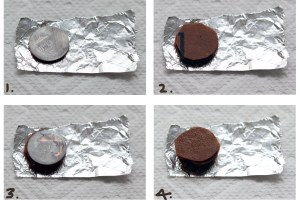 1. Foil 2. sanded penny copper-side down, zinc-side up