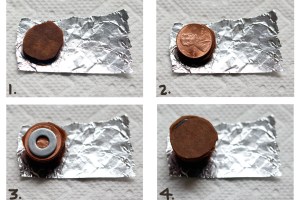 Here's the stacking order for a penny battery using zinc washers.