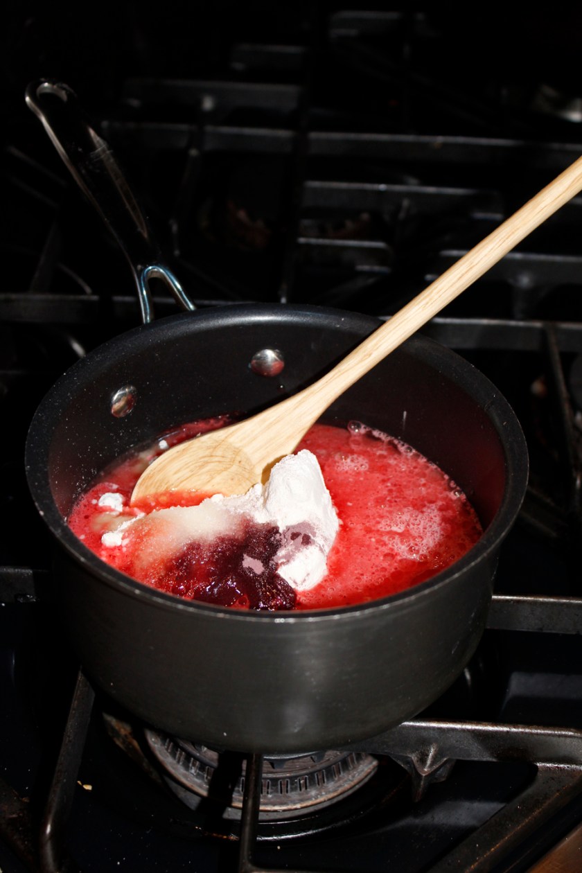 I stirred everything together at once. Here, I mixed a little Cherry with an envelope of Black Cherry. You can see the color results in the next photo.